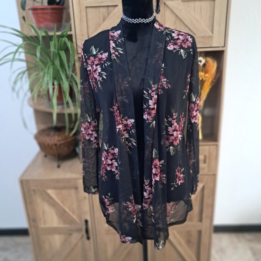 JM Fleurette Women's Lg Black Lace Jacket Open Front Floral Print Whimsigoth